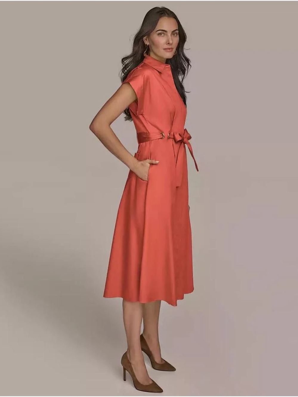 Donna Karan Tie-Waist Shirt Dress in Coral - Picture 2 of 6